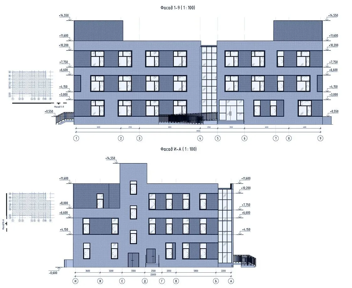 Facade elevations of a building with level marks